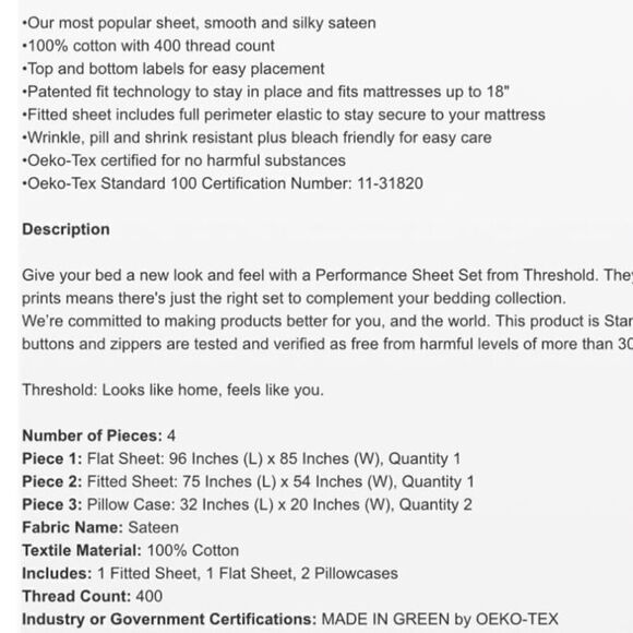 Threshold Performance Vine design Sheet Set - Picture 2 of 5